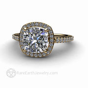 Cushion Cut Moissanite Engagement Ring Pave Diamond Halo 14K Yellow Gold - Engagement Only - Rare Earth Jewelry