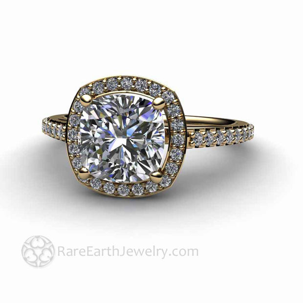 Cushion Cut Moissanite Engagement Ring Pave Diamond Halo 14K Yellow Gold - Engagement Only - Rare Earth Jewelry