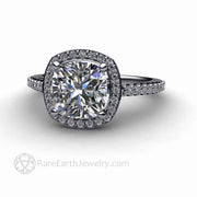 Cushion Cut Moissanite Engagement Ring Pave Diamond Halo Platinum - Engagement Only - Rare Earth Jewelry