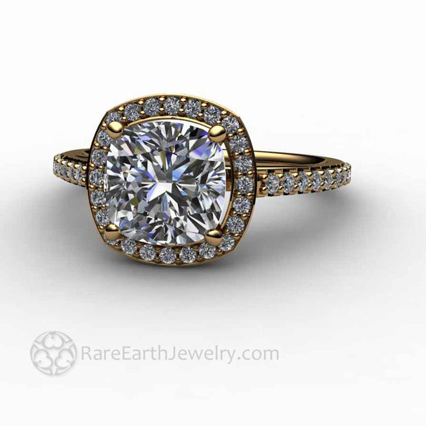 Cushion Cut Moissanite Engagement Ring Pave Diamond Halo 18K Yellow Gold - Engagement Only - Rare Earth Jewelry