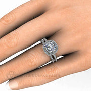 Cushion Cut Moissanite Engagement Ring Pave Diamond Halo 14K White Gold - Wedding Set - Rare Earth Jewelry