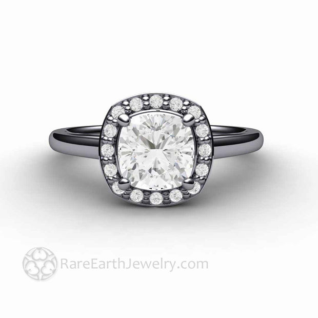 Cushion Cut Moissanite Engagement Ring Petite Pave Diamond Halo Platinum - Rare Earth Jewelry