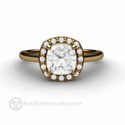 Cushion Cut Moissanite Engagement Ring Petite Pave Diamond Halo 18K Yellow Gold - Rare Earth Jewelry