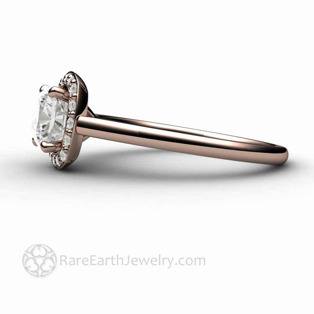 Cushion Cut Moissanite Engagement Ring Petite Pave Diamond Halo 14K Rose Gold - Rare Earth Jewelry