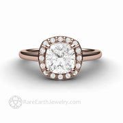 Cushion Cut Moissanite Engagement Ring Petite Pave Diamond Halo 18K Rose Gold - Rare Earth Jewelry
