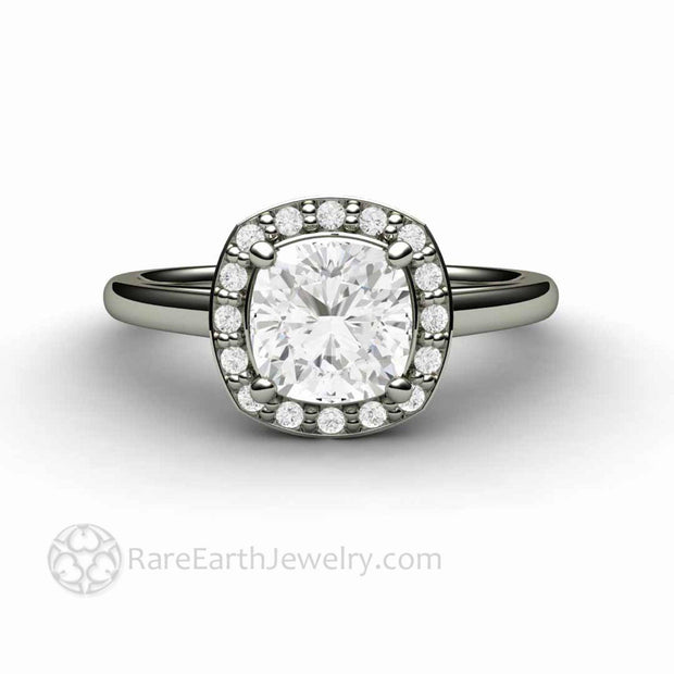 Cushion Cut Moissanite Engagement Ring Petite Pave Diamond Halo 14K White Gold - Rare Earth Jewelry