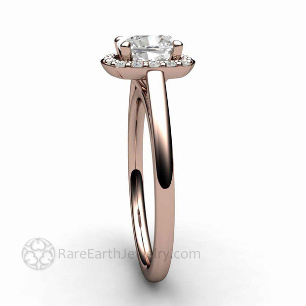 Cushion Cut Moissanite Engagement Ring Petite Pave Diamond Halo 14K Rose Gold - Rare Earth Jewelry