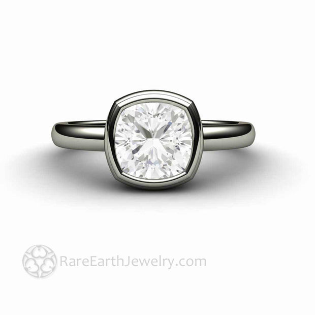 Cushion Cut Moissanite Engagement Ring Simple Bezel Set Moissanite Solitaire 14K White Gold - Rare Earth Jewelry