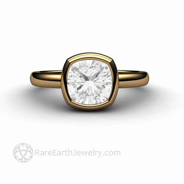 Cushion Cut Moissanite Engagement Ring Simple Bezel Set Moissanite Solitaire 18K Yellow Gold - Rare Earth Jewelry