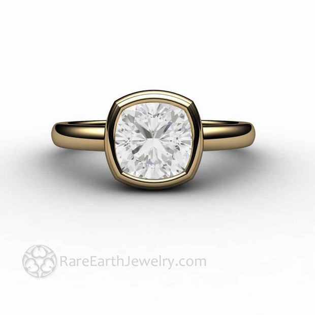Cushion Cut Moissanite Engagement Ring Simple Bezel Set Moissanite Solitaire 14K Yellow Gold - Rare Earth Jewelry