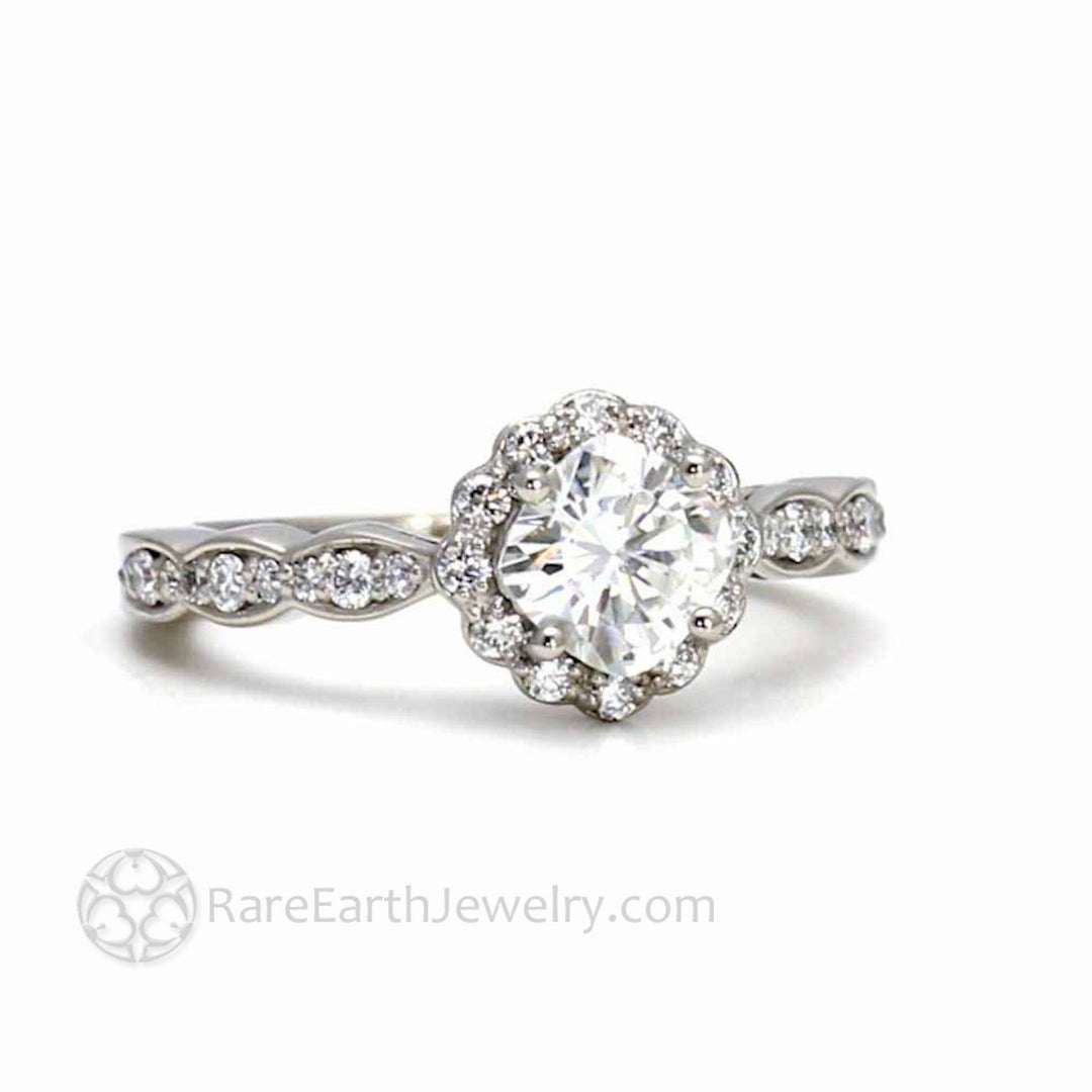 Cushion Cut Moissanite Halo Engagement Ring with Diamonds - Rare Earth Jewelry