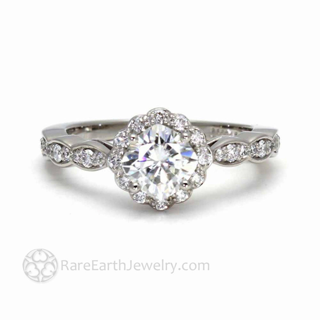 Cushion Cut Moissanite Halo Engagement Ring with Diamonds - Rare Earth Jewelry