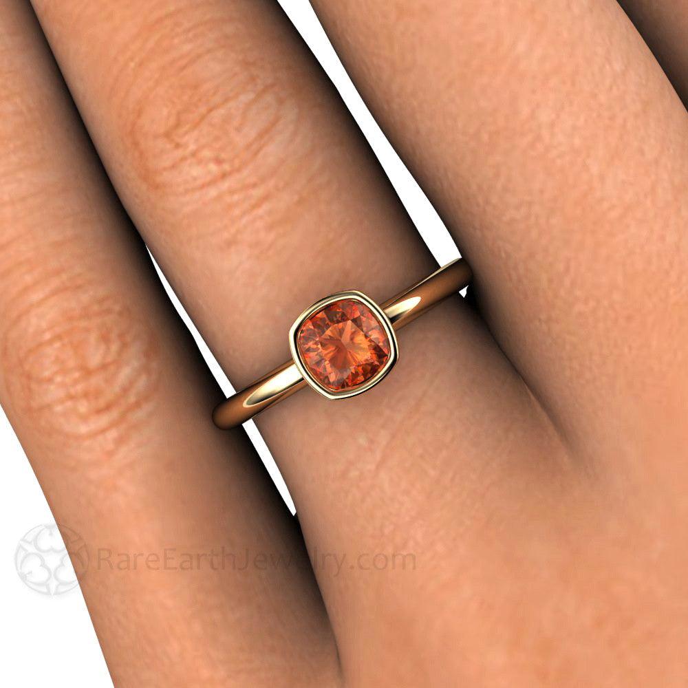 Orange Sapphire Engagement Ring Bezel Set Cushion Cut Solitaire - Rare Earth Jewelry