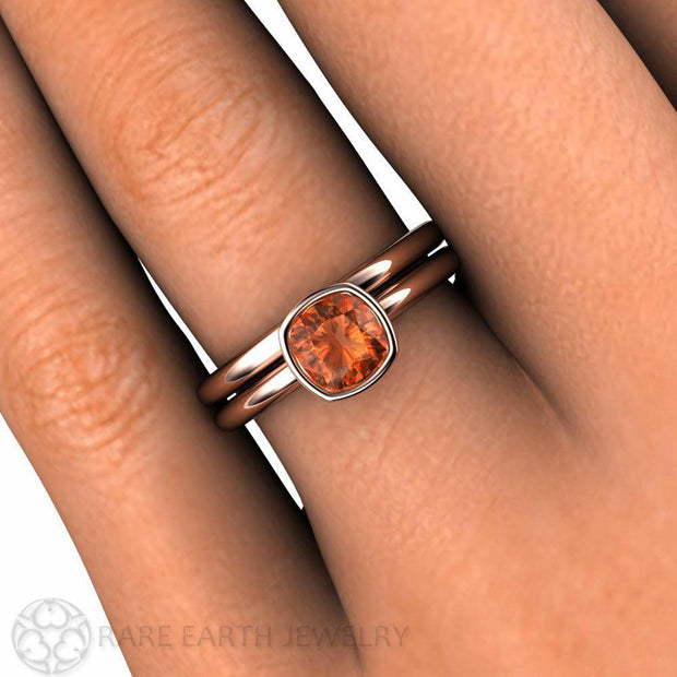 Cushion Cut Orange Sapphire Engagement Ring Bezel Set Solitaire 14K Rose Gold - Wedding Set - Rare Earth Jewelry