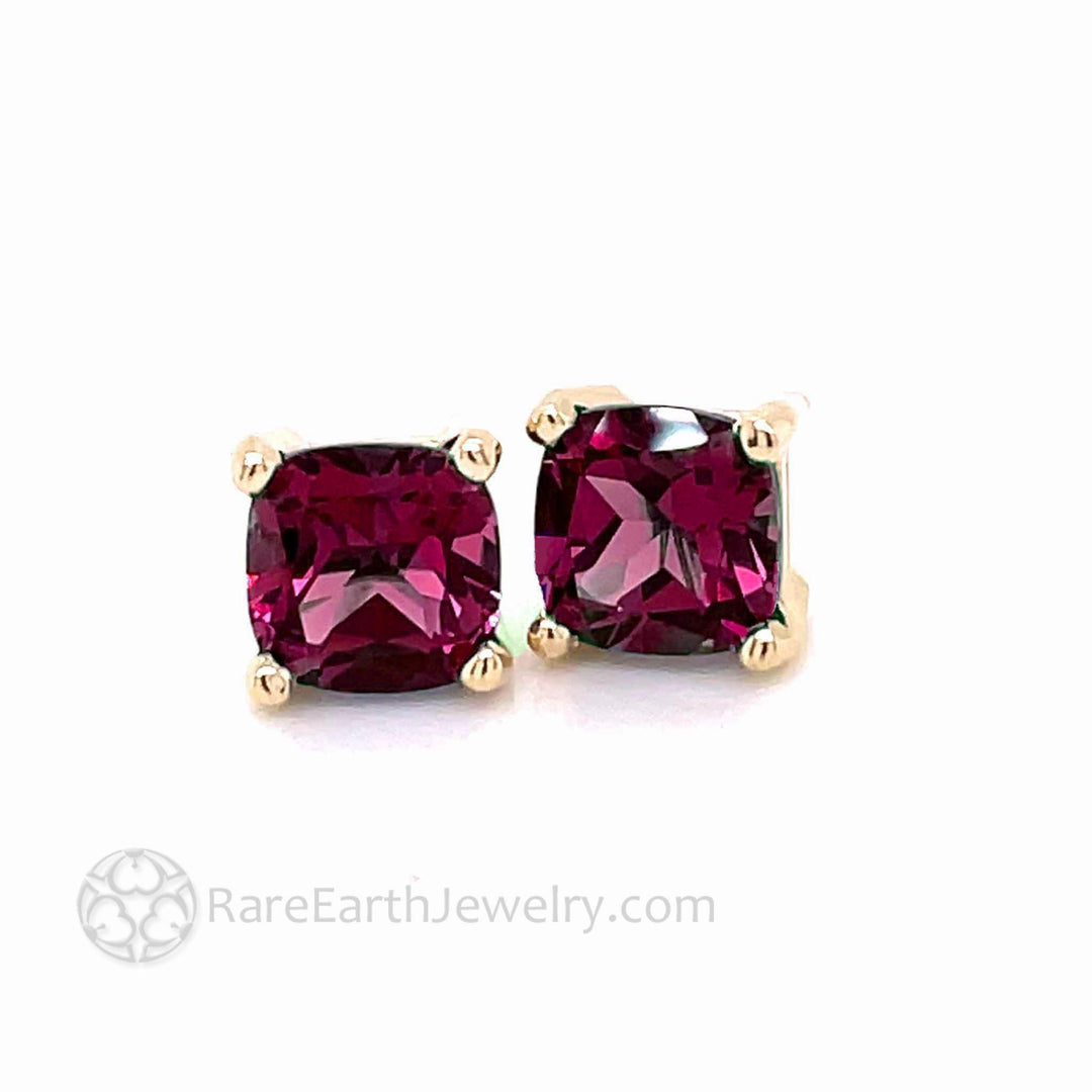 Cushion Cut Rhodolite Garnet Earrings 14K Gold Red Garnet Studs - Rare Earth Jewelry