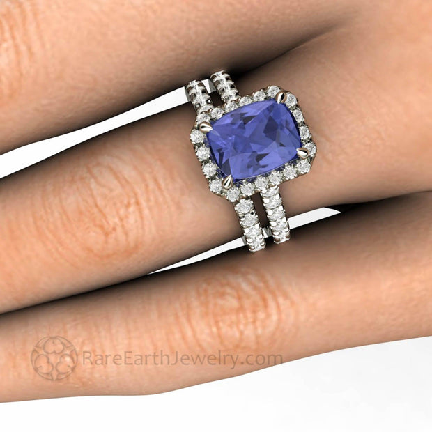 Cushion Cut Tanzanite Engagement Ring French Pave Diamond Halo - 14K White Gold - Wedding Set - Blue - Cushion - December - Rare Earth Jewelry
