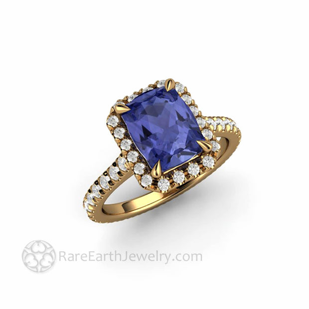 Cushion Cut Tanzanite Engagement Ring French Pave Diamond Halo 18K Yellow Gold - Engagement Only - Rare Earth Jewelry