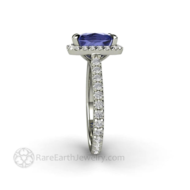 Cushion Cut Tanzanite Engagement Ring French Pave Diamond Halo 14K White Gold - Engagement Only - Rare Earth Jewelry