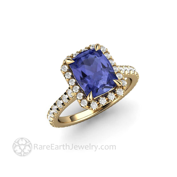 Cushion Cut Tanzanite Engagement Ring French Pave Diamond Halo 14K Yellow Gold - Engagement Only - Rare Earth Jewelry