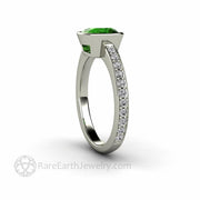 Cushion Green Tourmaline Ring Bezel Solitaire with Diamonds 14K White Gold - Rare Earth Jewelry