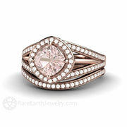 Cushion Halo Pink Sapphire Engagement Ring Triple Split Shank 14K Rose Gold - Wedding Set - Rare Earth Jewelry