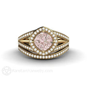 Cushion Halo Pink Sapphire Engagement Ring Triple Split Shank 14K Yellow Gold - Wedding Set - Rare Earth Jewelry