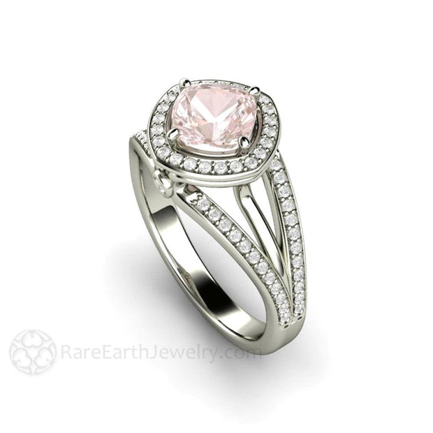 Cushion Halo Pink Sapphire Engagement Ring Triple Split Shank 18K White Gold - Engagement Only - Rare Earth Jewelry