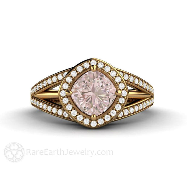 Cushion Halo Pink Sapphire Engagement Ring Triple Split Shank 18K Yellow Gold - Engagement Only - Rare Earth Jewelry