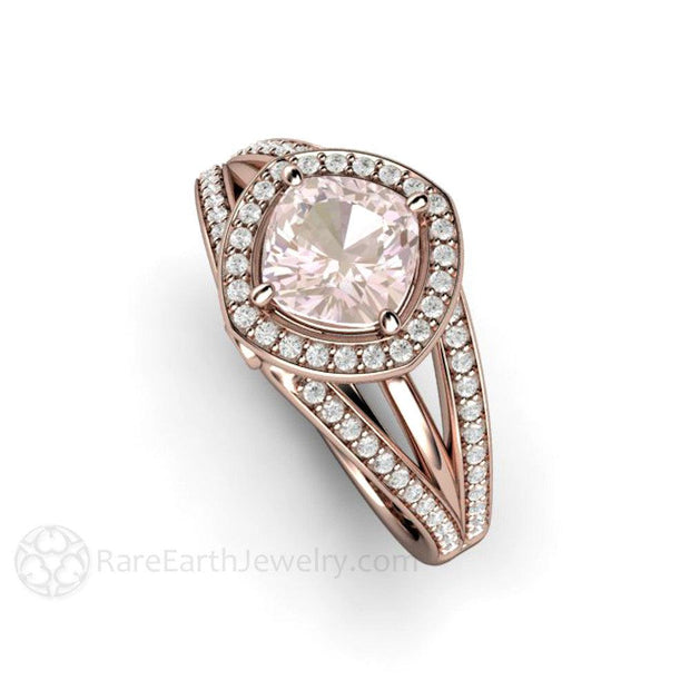 Rose Gold Halo Pink Cushion Sapphire Wedding Ring with Diamonds Rare Earth Jewelry