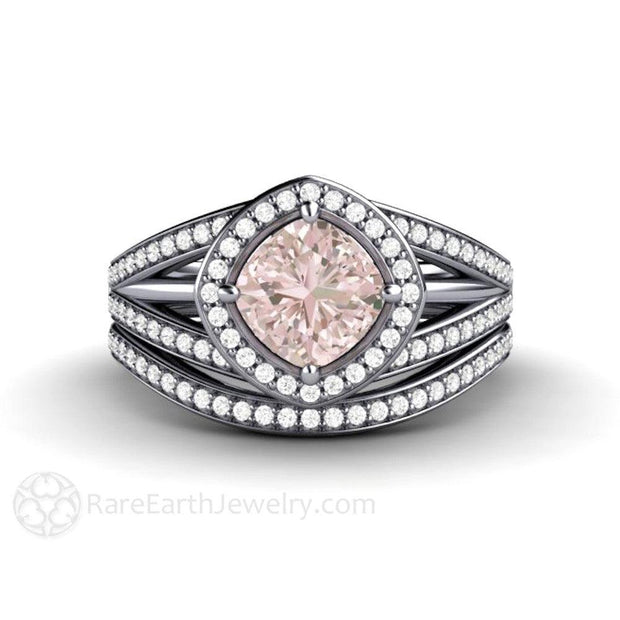 Cushion Halo Pink Sapphire Engagement Ring Triple Split Shank Platinum - Wedding Set - Rare Earth Jewelry