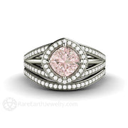 Cushion Halo Pink Sapphire Engagement Ring Triple Split Shank 14K White Gold - Wedding Set - Rare Earth Jewelry