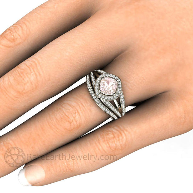 Cushion Halo Pink Sapphire Engagement Ring Triple Split Shank 14K White Gold - Wedding Set - Rare Earth Jewelry