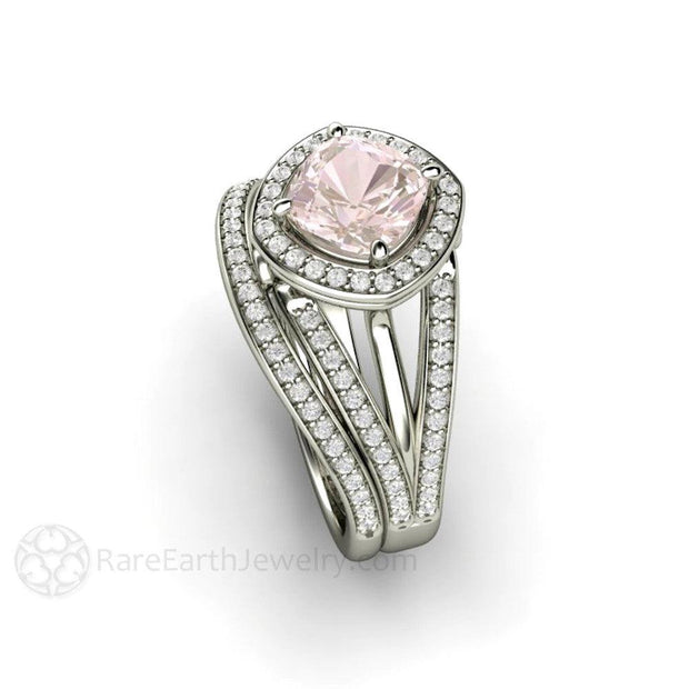 Cushion Halo Pink Sapphire Engagement Ring Triple Split Shank 18K White Gold - Wedding Set - Rare Earth Jewelry