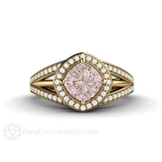 Cushion Halo Pink Sapphire Engagement Ring Triple Split Shank 14K Yellow Gold - Engagement Only - Rare Earth Jewelry