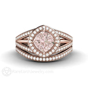Cushion Halo Pink Sapphire Engagement Ring Triple Split Shank 18K Rose Gold - Wedding Set - Rare Earth Jewelry