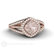 Cushion Halo Pink Sapphire Engagement Ring Triple Split Shank 18K Rose Gold - Engagement Only - Rare Earth Jewelry