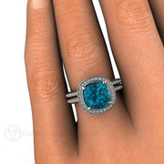 Cushion London Blue Topaz Bridal Set Engagement Ring & Wedding Band Diamond Halo 18K White Gold - Rare Earth Jewelry