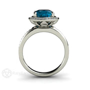 Cushion London Blue Topaz Bridal Set Engagement Ring & Wedding Band Diamond Halo 18K White Gold - Rare Earth Jewelry