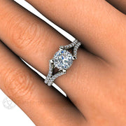 Cushion Moissanite Engagement Ring Split Shank with Pave Diamonds Platinum - Rare Earth Jewelry