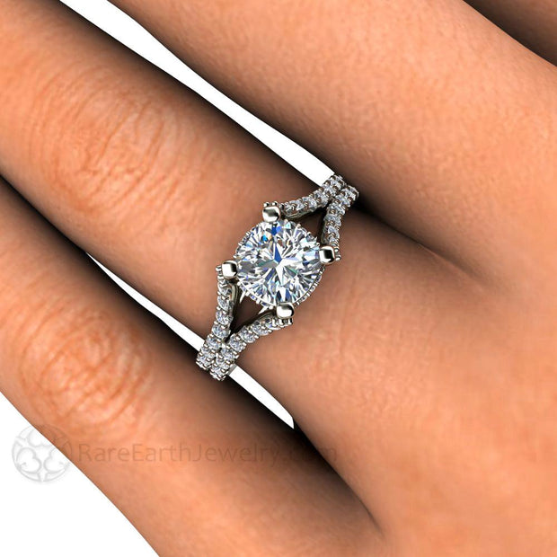 Cushion Moissanite Engagement Ring Split Shank with Pave Diamonds Platinum - Rare Earth Jewelry