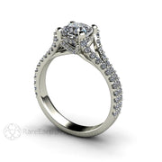 Cushion Moissanite Engagement Ring Split Shank with Pave Diamonds 18K White Gold - Rare Earth Jewelry