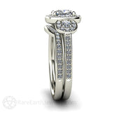 Cushion Moissanite Wedding Set Engagement Ring and Band 3 Stone Halo 14K White Gold - Rare Earth Jewelry