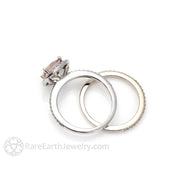 Cushion Morganite Engagement Ring Diamond Halo 18K White Gold - Wedding Set - Rare Earth Jewelry