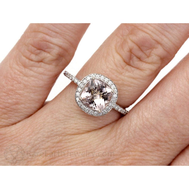 Cushion Morganite Engagement Ring Diamond Halo 18K White Gold - Engagement Only - Rare Earth Jewelry