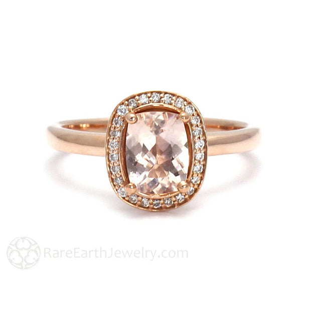 Cushion Morganite Halo Engagement Ring with Diamonds 18K Rose Gold - Rare Earth Jewelry