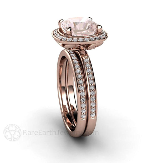 Cushion Morganite Ring Diamond Halo Engagement 14K White Gold - Engagement Only - Rare Earth Jewelry