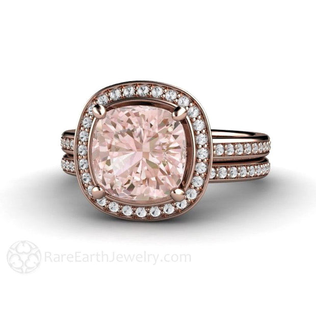 Cushion Morganite Ring Diamond Halo Engagement 14K White Gold - Engagement Only - Rare Earth Jewelry