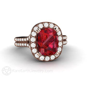 Cushion Ruby Ring Split Shank Engagement with Diamond Halo - 18K Rose Gold - Cushion - Halo - July - Rare Earth Jewelry