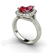 Cushion Ruby Ring Split Shank Engagement with Diamond Halo Platinum - Rare Earth Jewelry