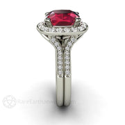 Cushion Ruby Ring Split Shank Engagement with Diamond Halo Platinum - Rare Earth Jewelry